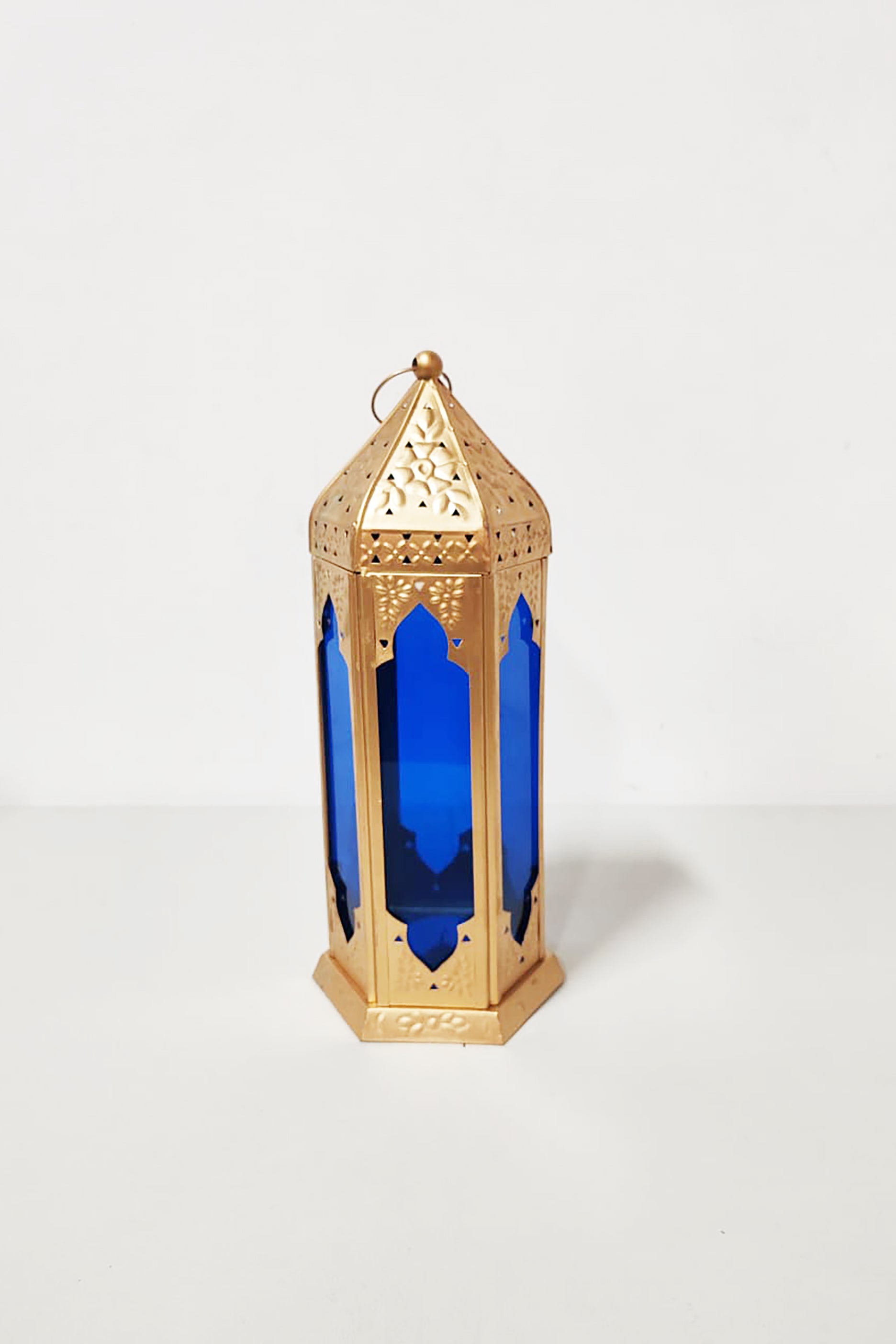 Gold Metal Lantern (Blue Glass) (2pcs available)