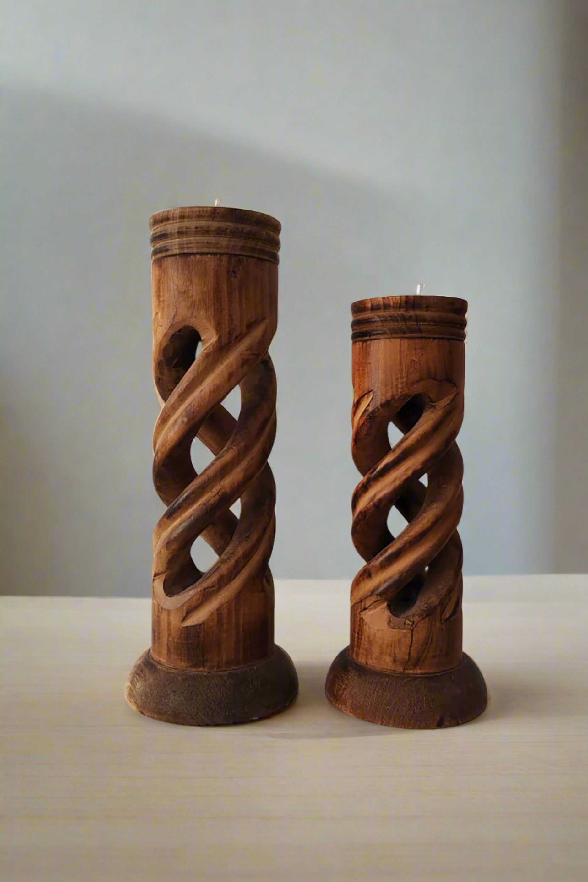 Vintage Hand Carved Twist Candle Holder set as 2