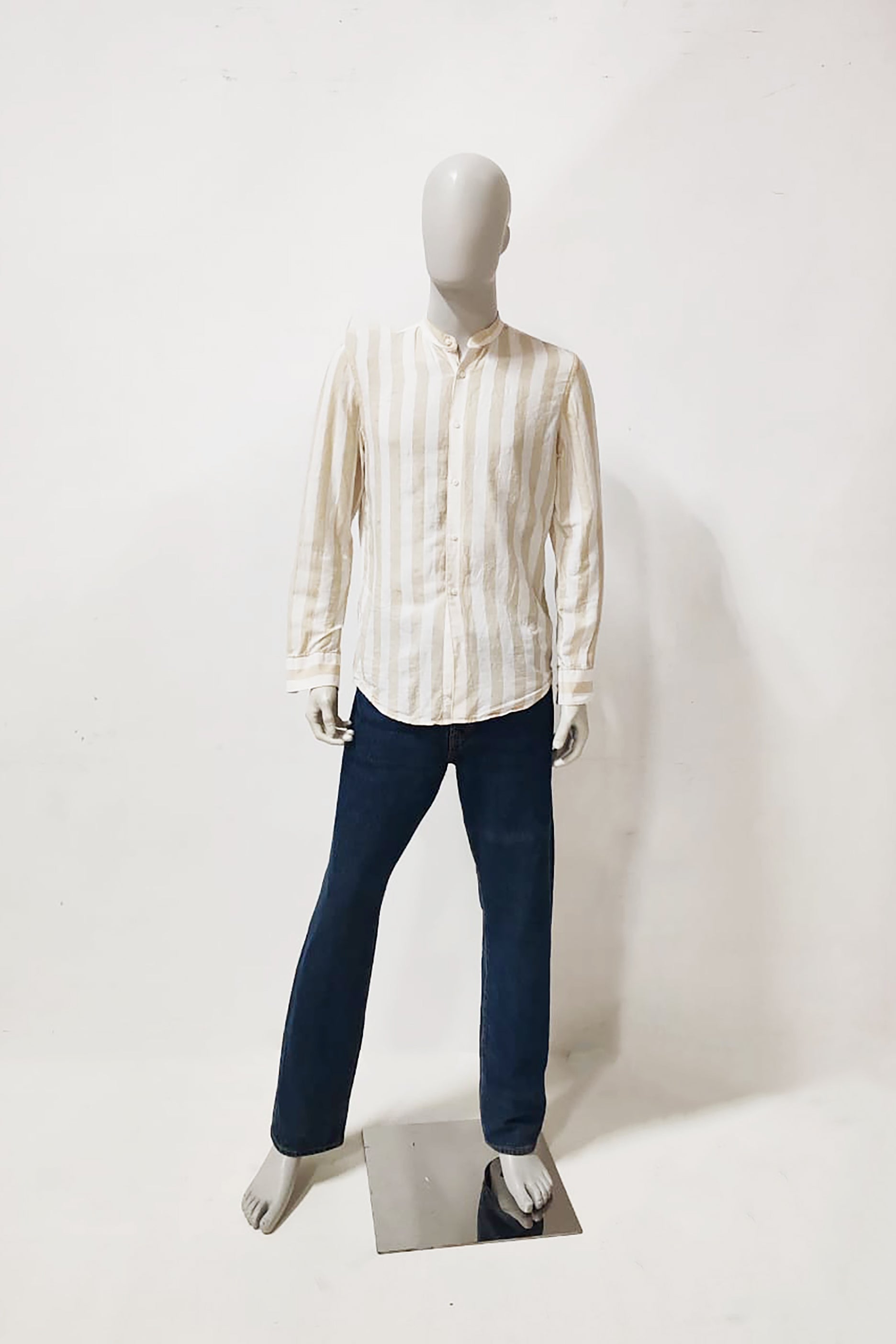 Mens Beige Striped Shirt with Mandarin Collar