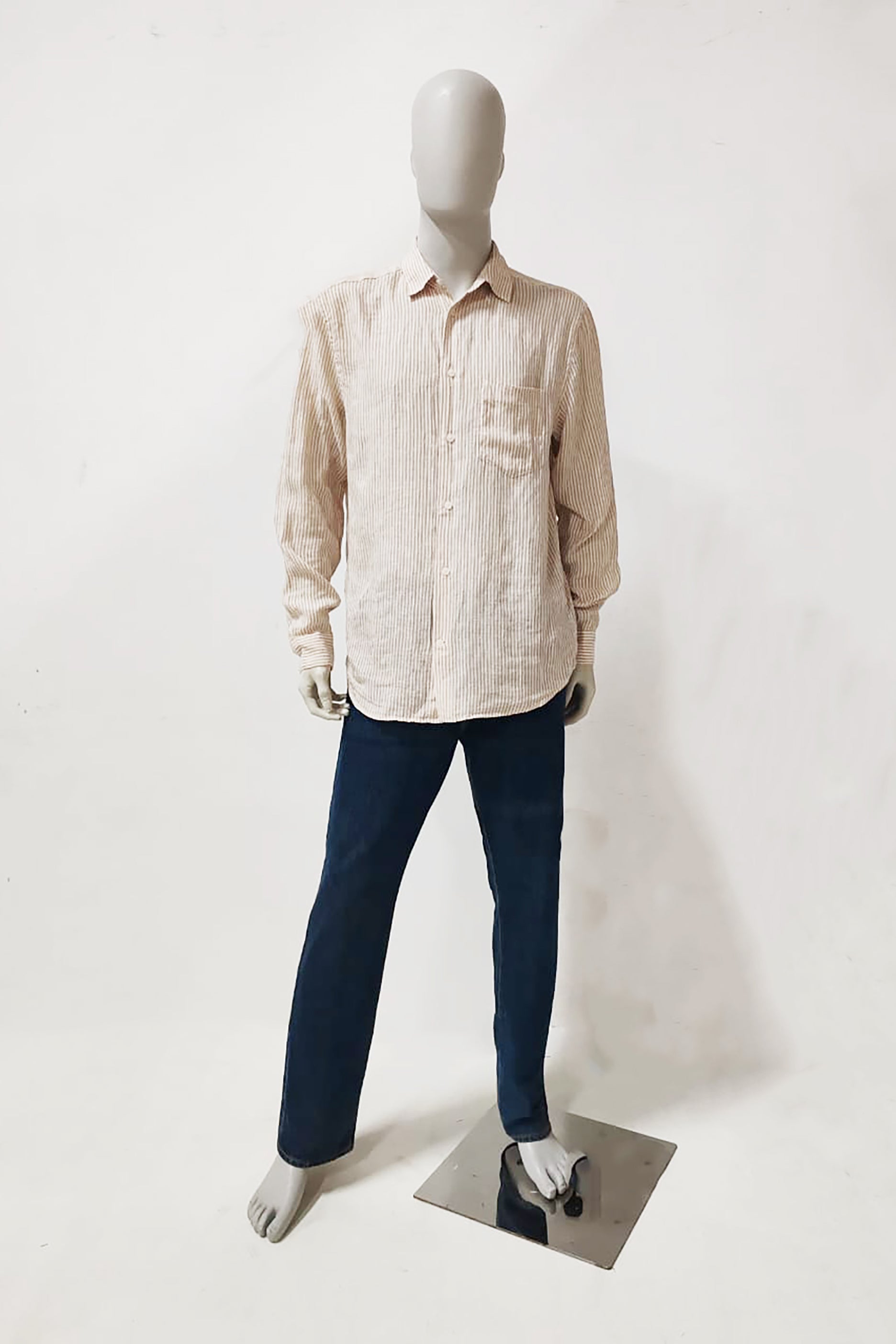 Men's Beige Casual Shirt with Green Striped