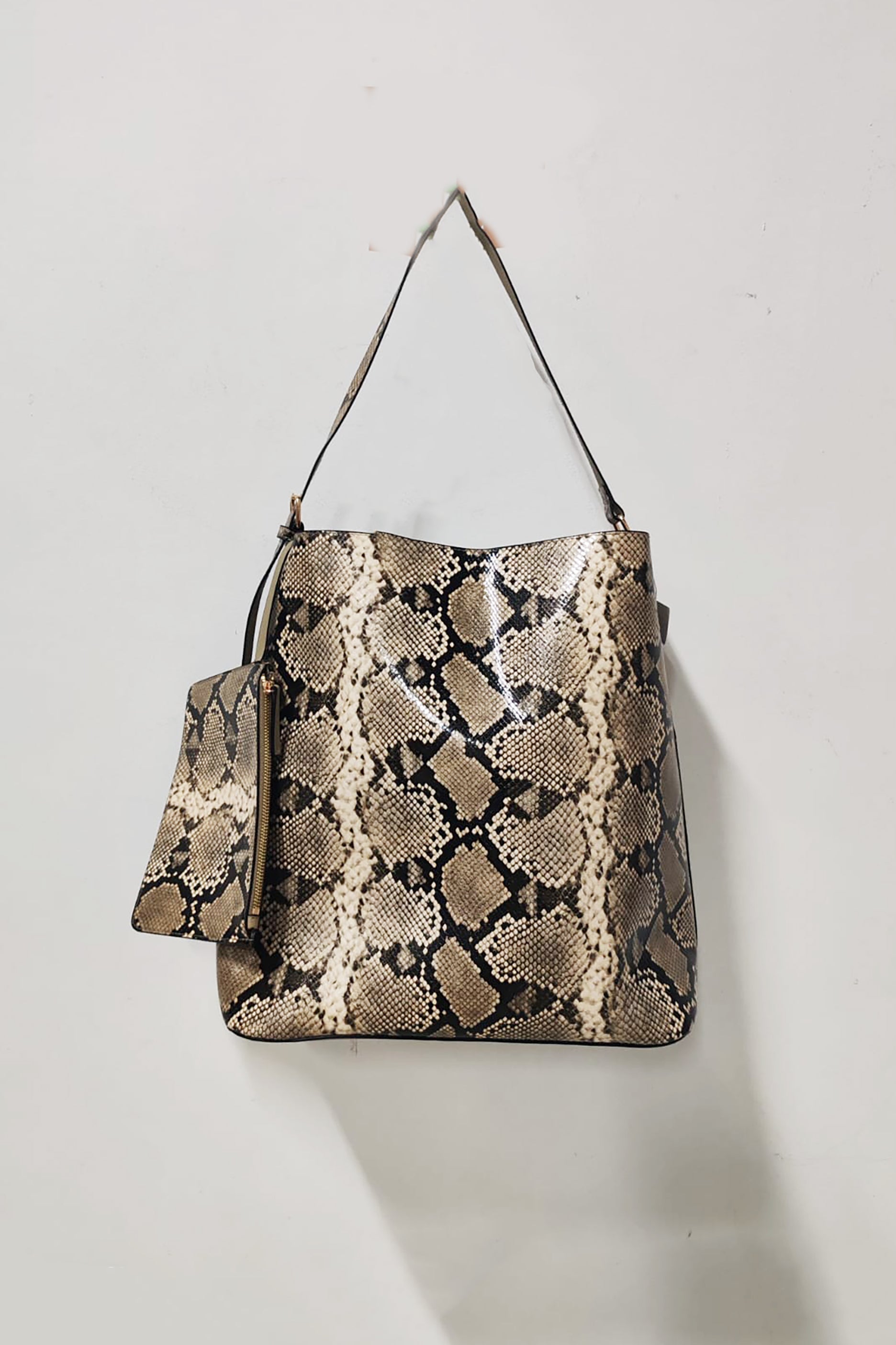 Tote Bag with Pouch Beige-Snakeskin Patterned