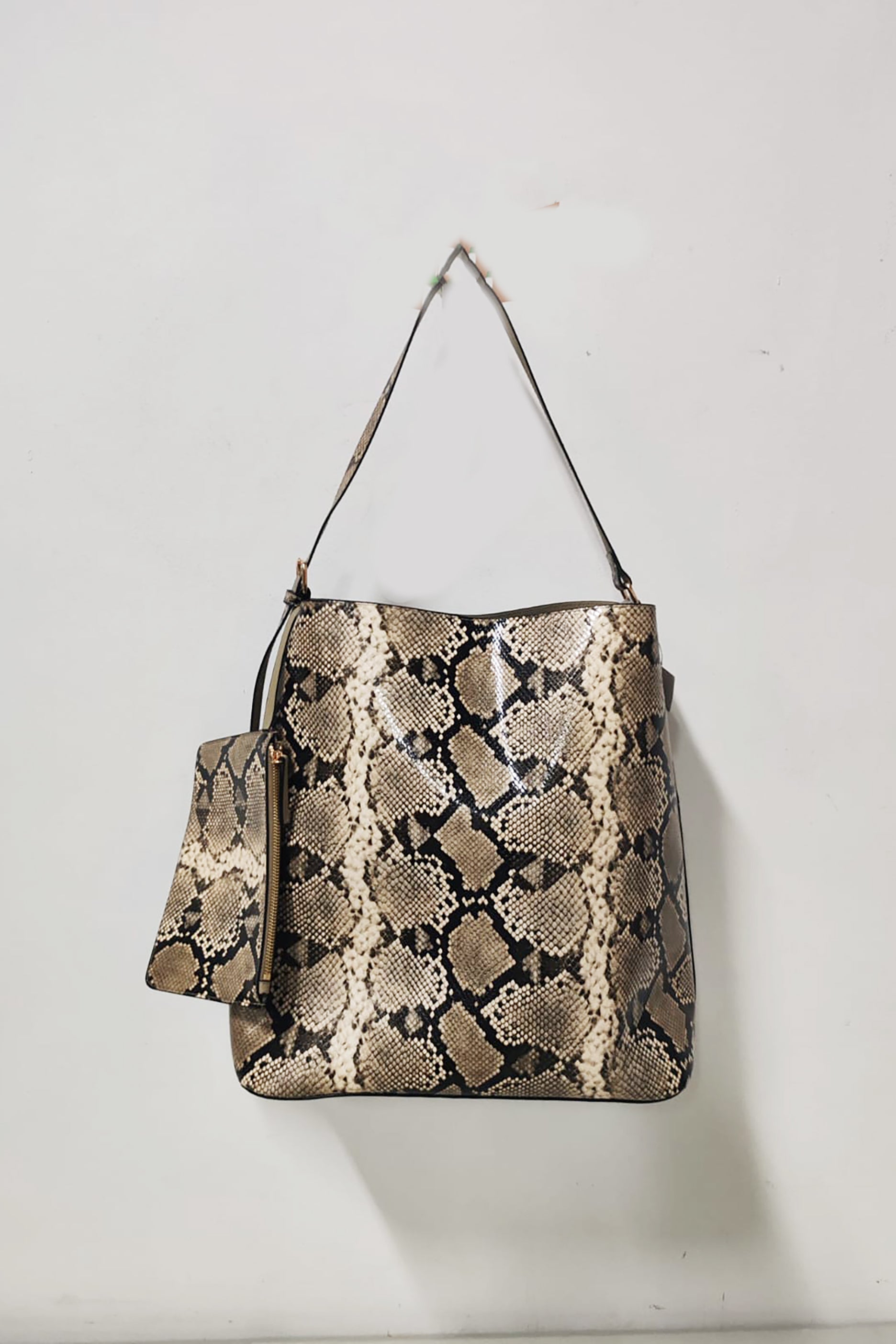 Tote Bag with Pouch Beige-Snakeskin Patterned