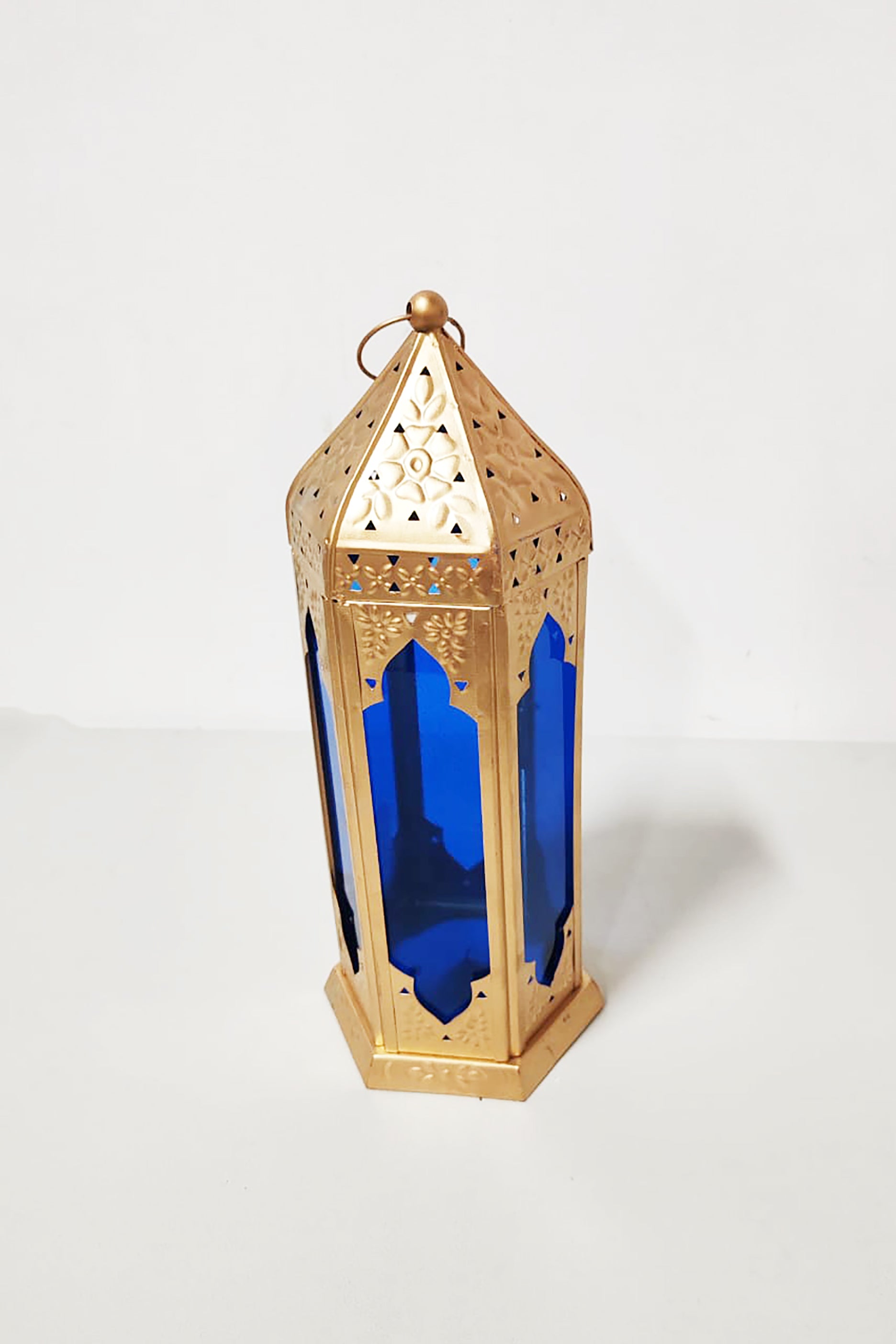 Gold Metal Lantern (Blue Glass) (2pcs available)