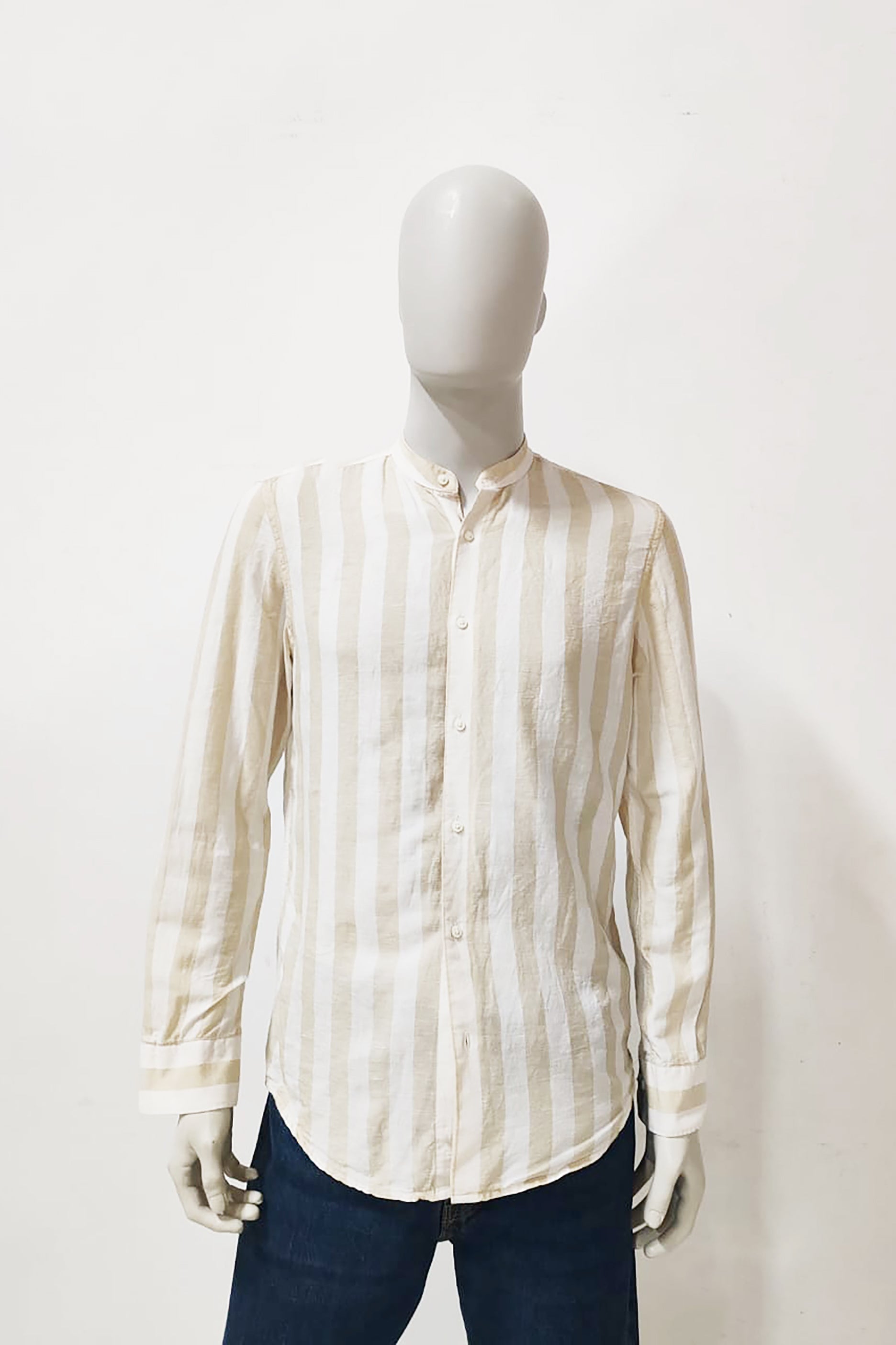 Mens Beige Striped Shirt with Mandarin Collar