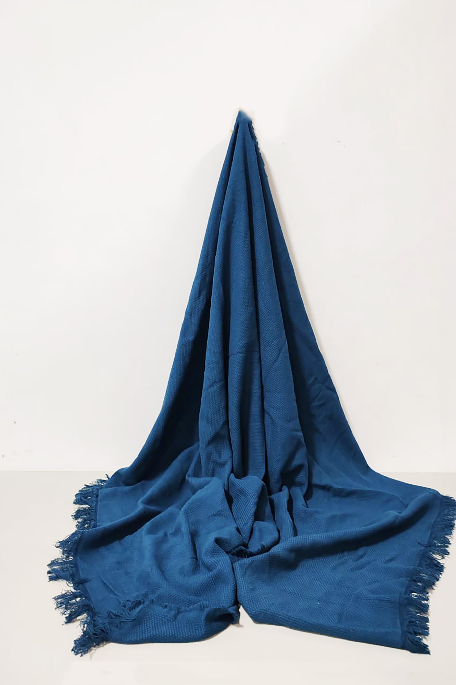 Blue Knitted Throw Blanket with Fringe