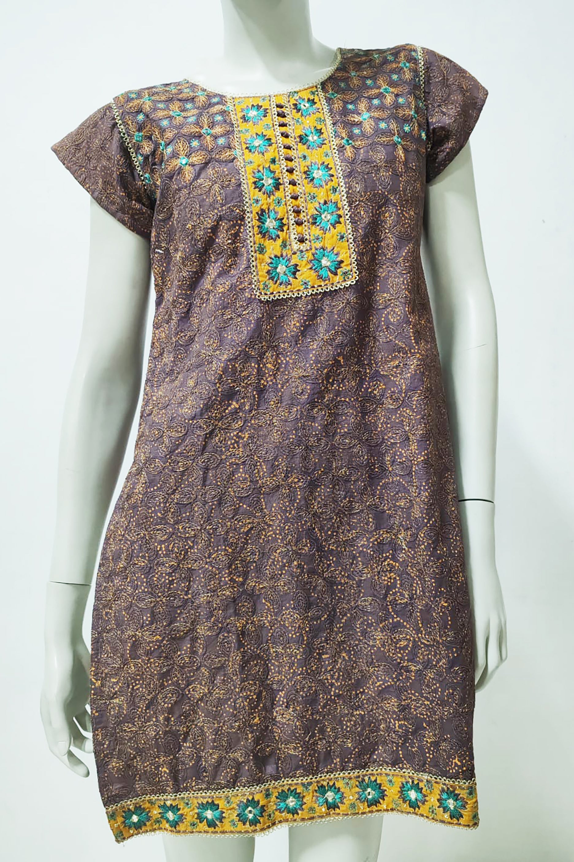 Brown Short Linen Dress with Embroidery