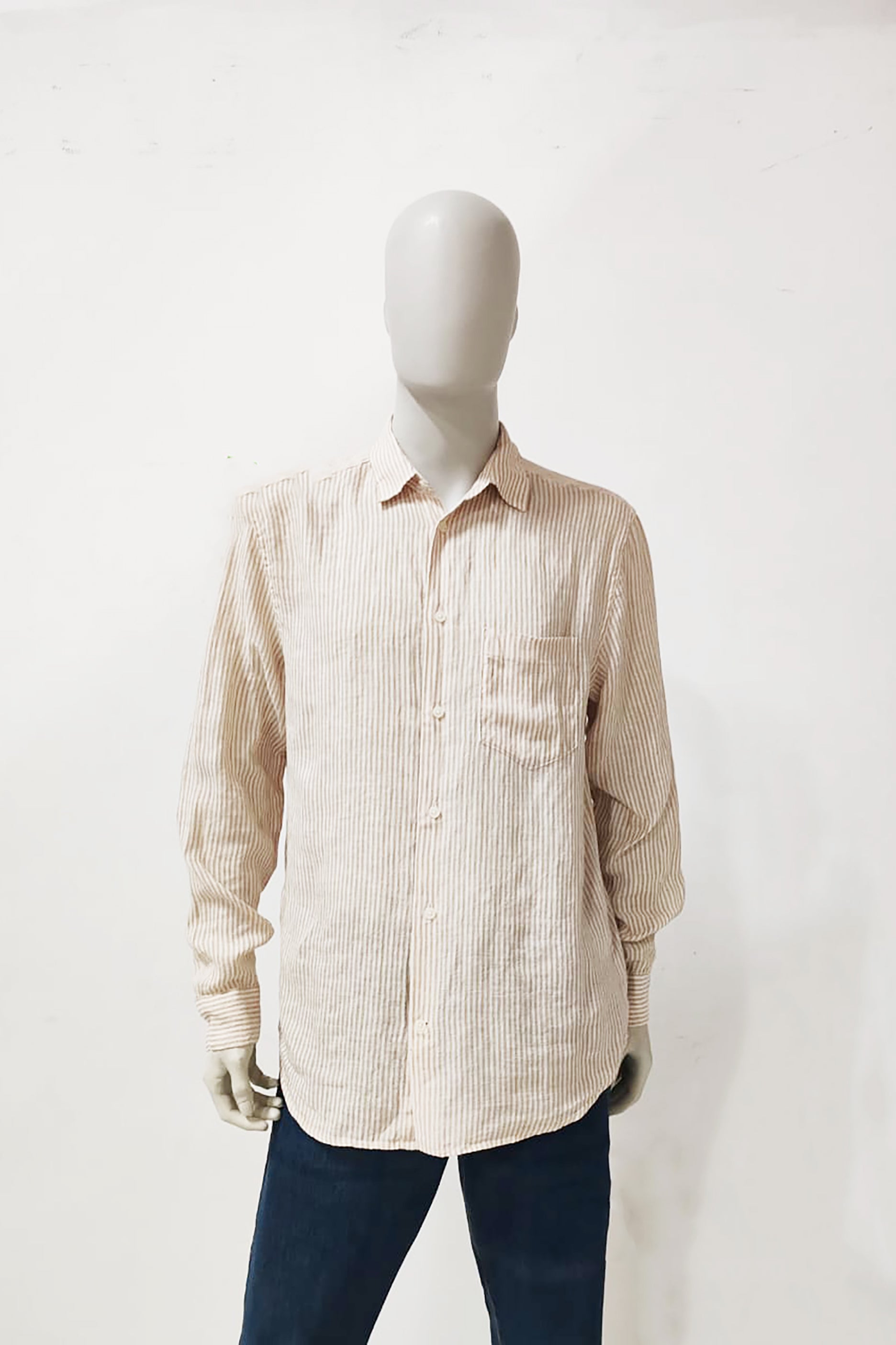 Men's Beige Casual Shirt with Green Striped