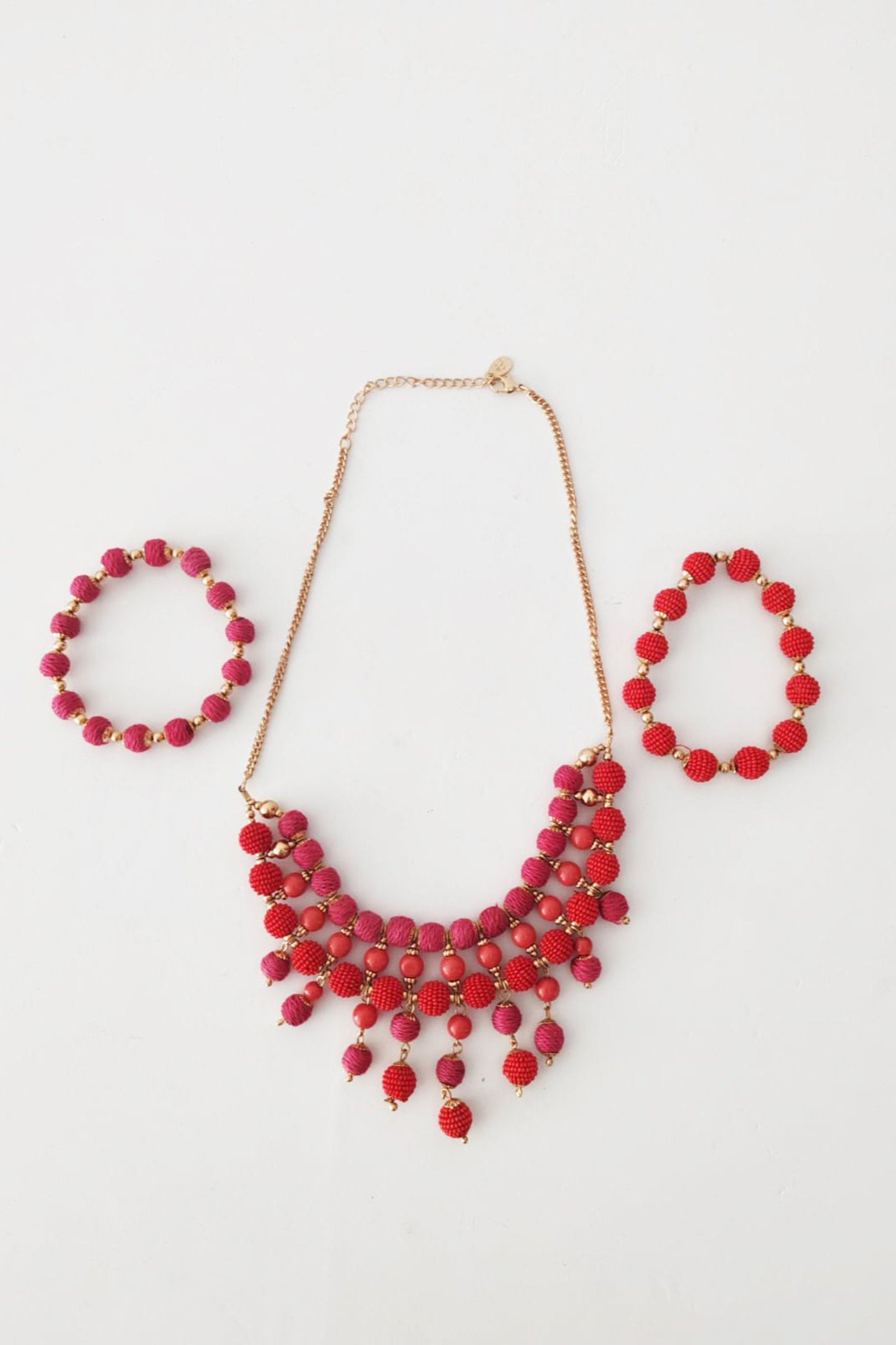 Red Beaded Necklace with Bracelet Set