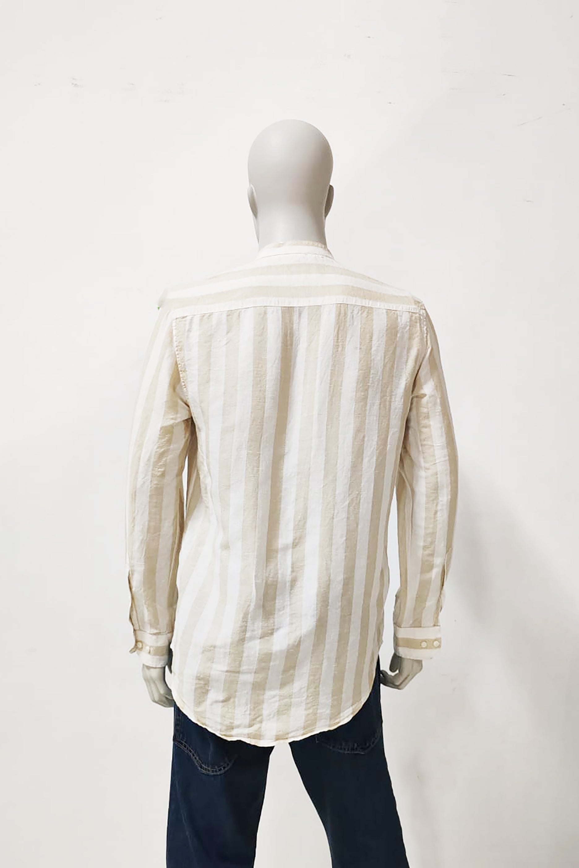 Mens Beige Striped Shirt with Mandarin Collar