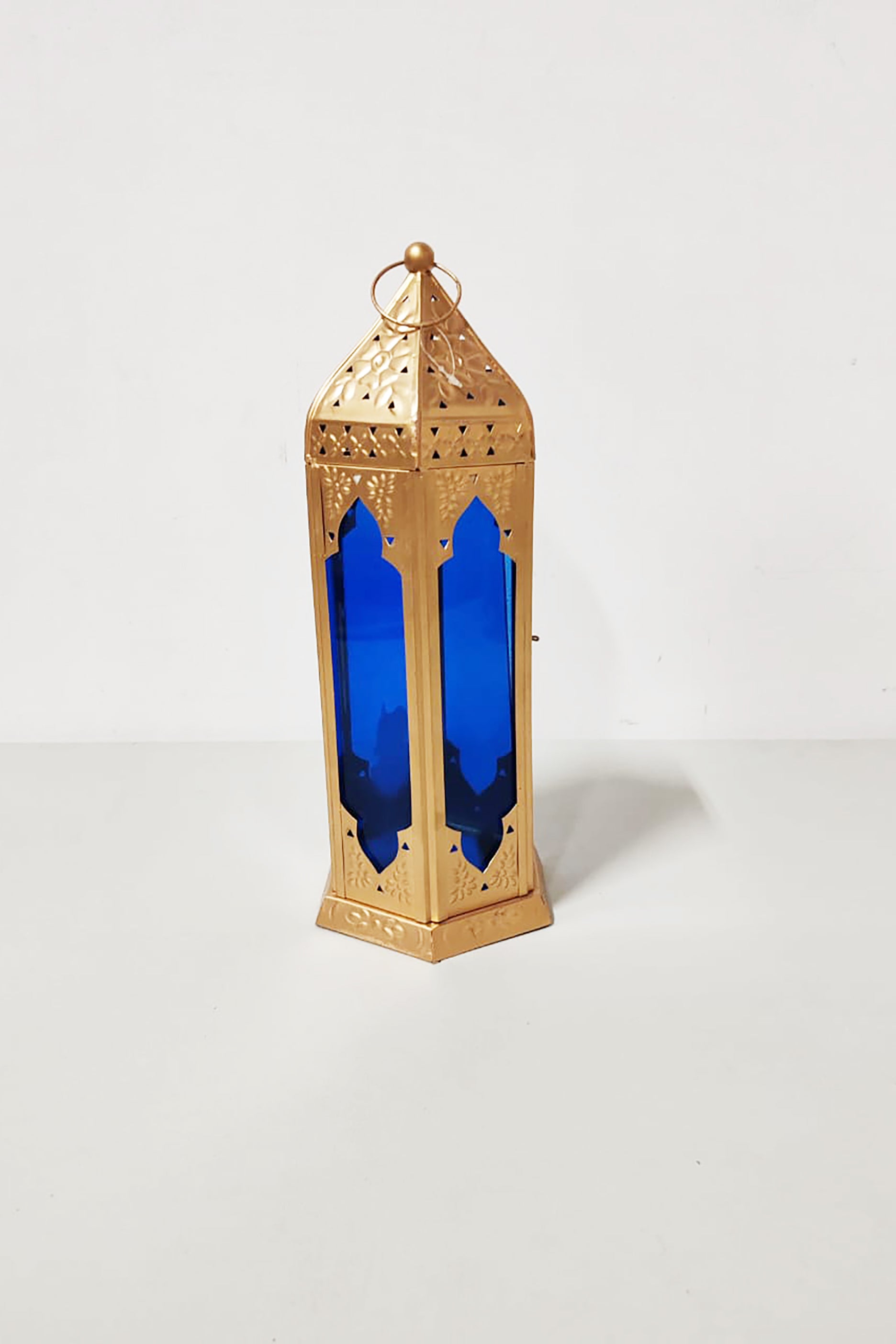 Gold Metal Lantern (Blue Glass) (2pcs available)