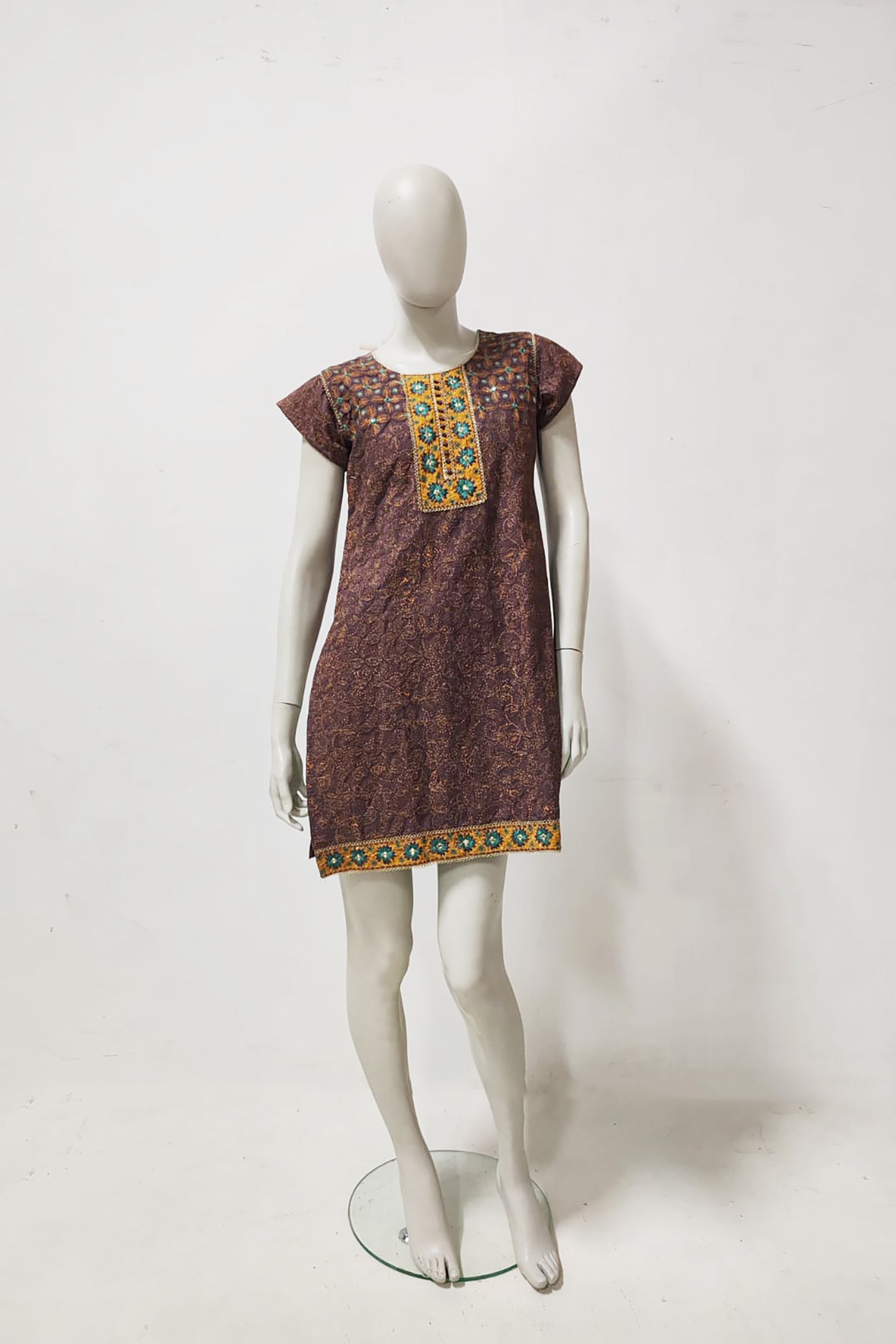 Brown Short Linen Dress with Embroidery