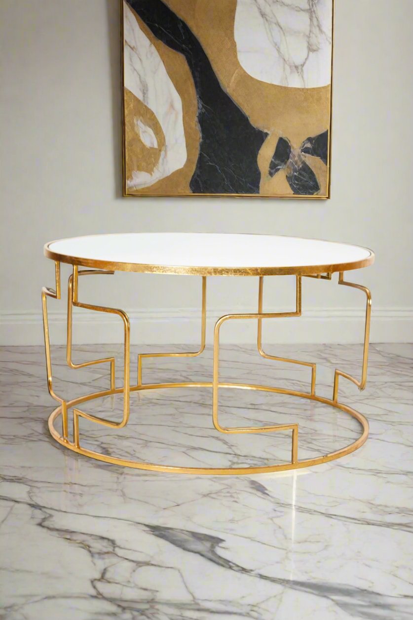 Gold Round Coffee Table with Marble Top