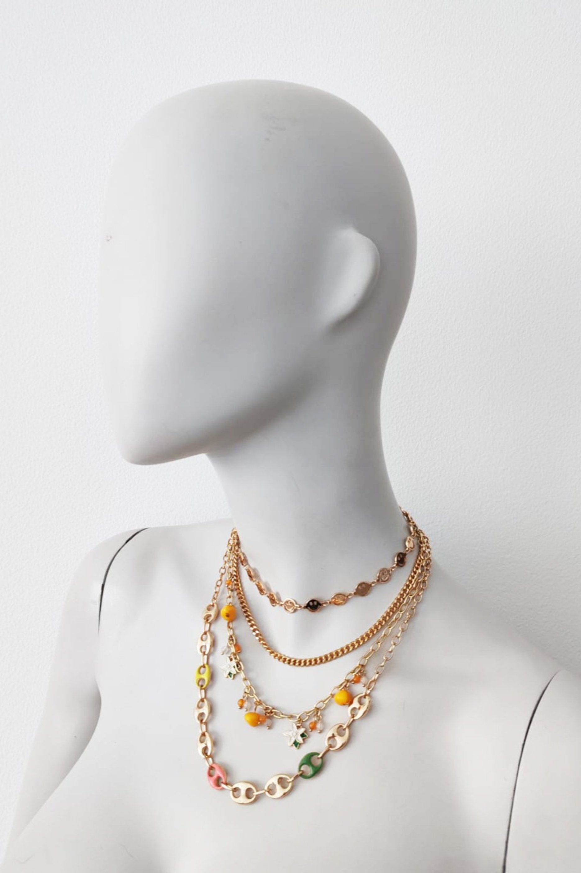 Smiley face layered gold chain necklace set