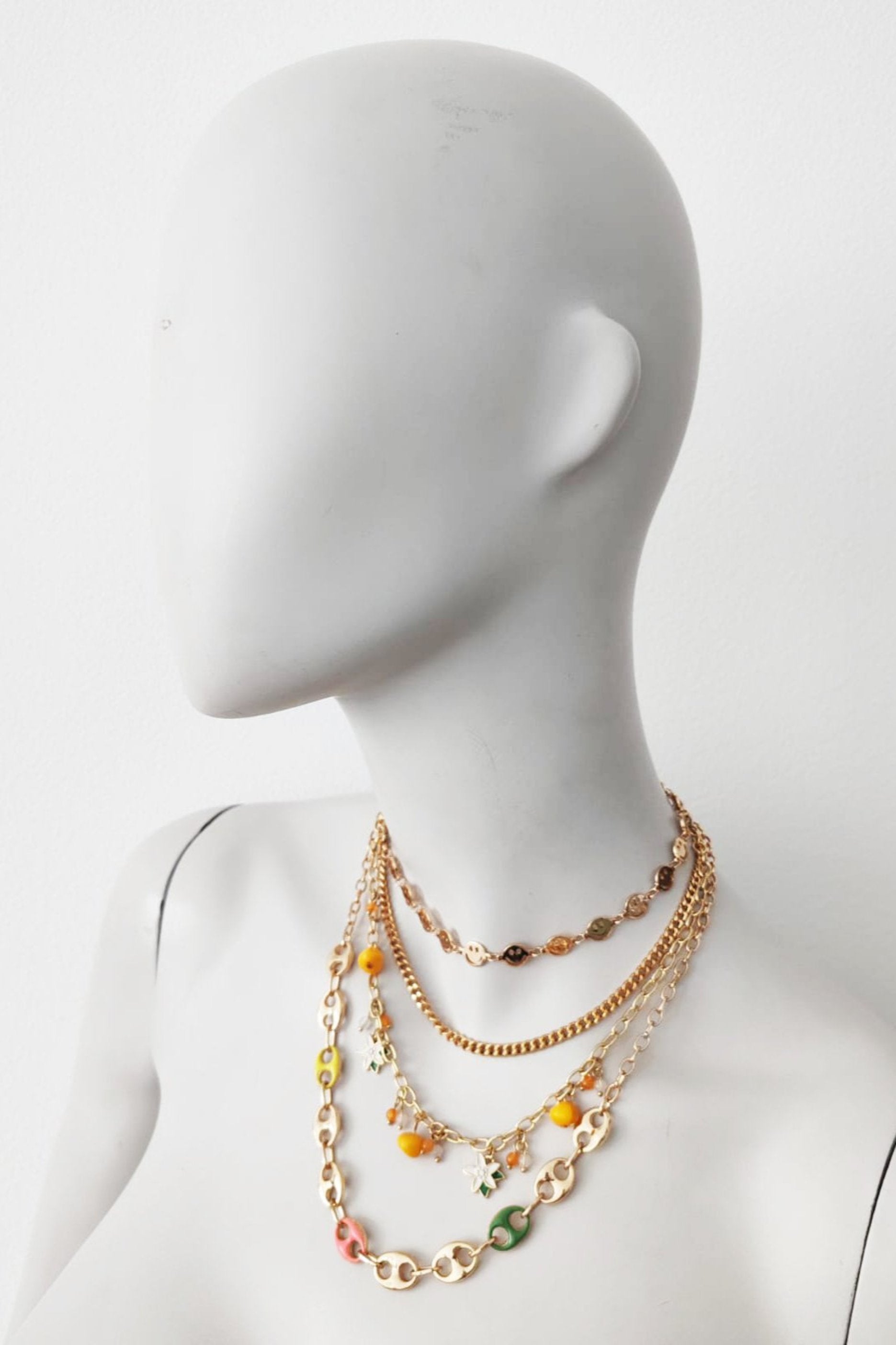 Smiley face layered gold chain necklace set