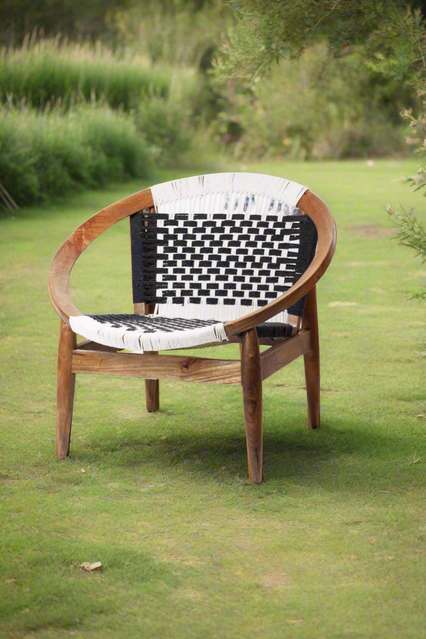 WOODEN BLACK & WHITE CROCHET BOHO LOUNGE CHAIR (2 pieces available)