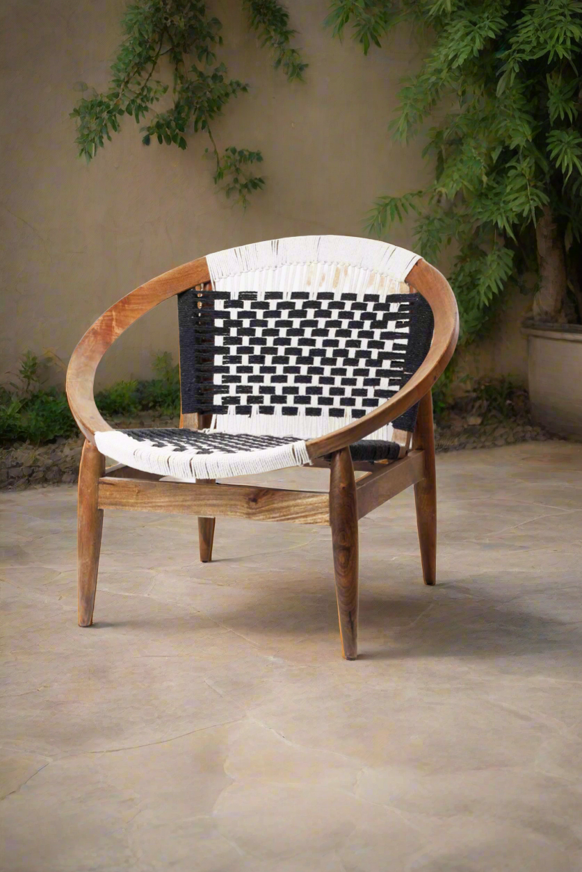 WOODEN BLACK & WHITE CROCHET BOHO LOUNGE CHAIR (2 pieces available)