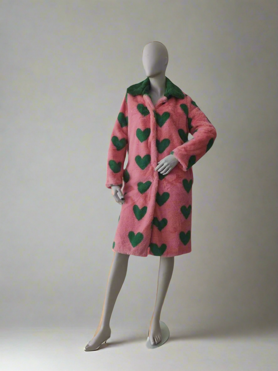 Pink fur coat with green hearts