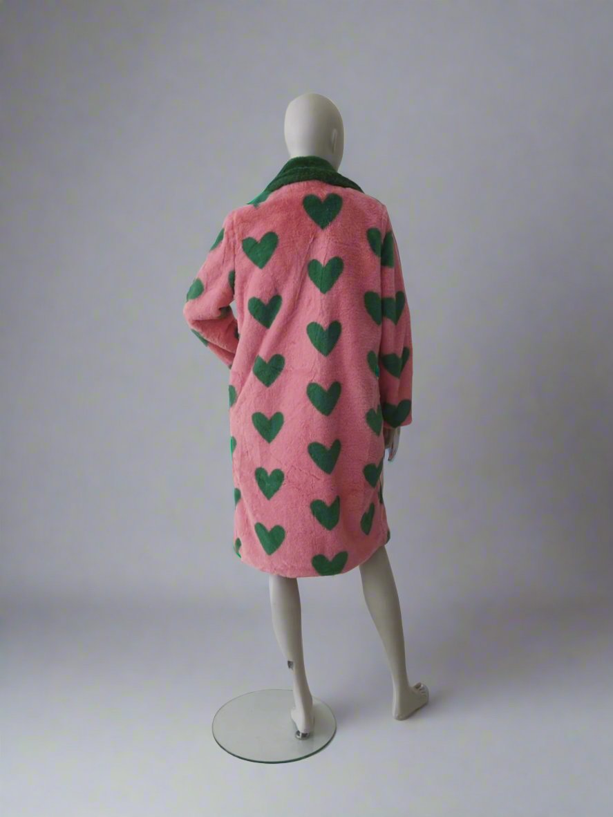 Pink fur coat with green hearts