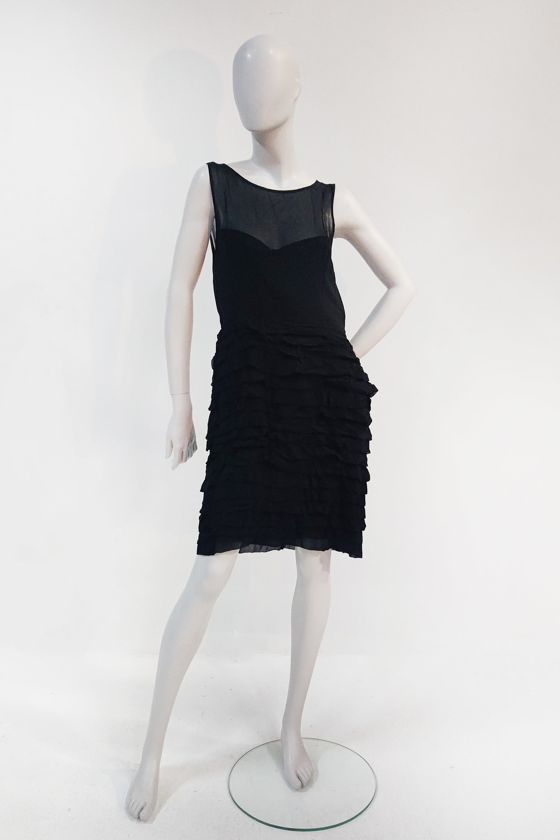 Sheer Black Shift Dress with Ruffle Skirt (EU38)