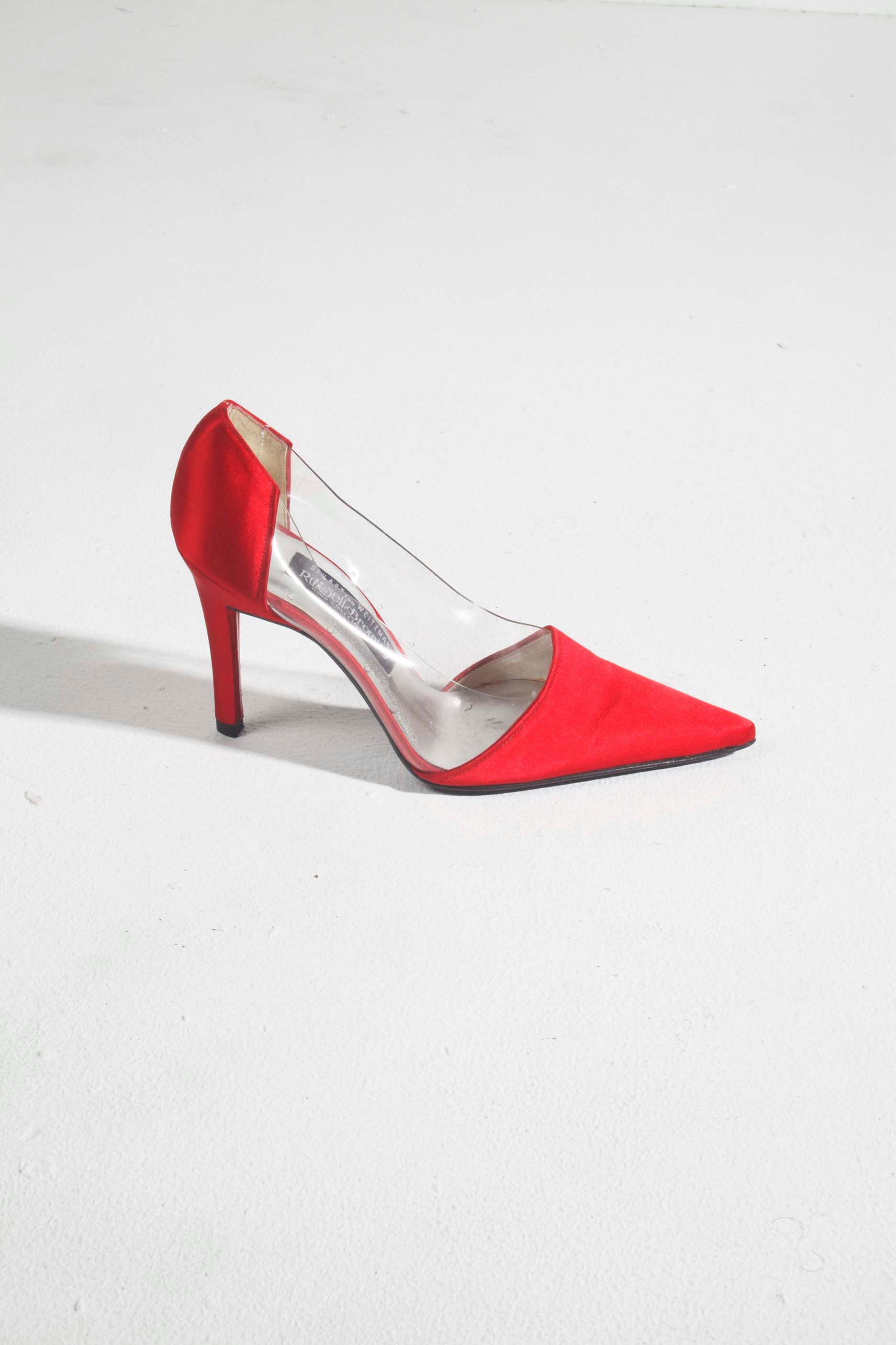 Stuart Weitzman Red Satin and Perspex Point Heels (1990s)