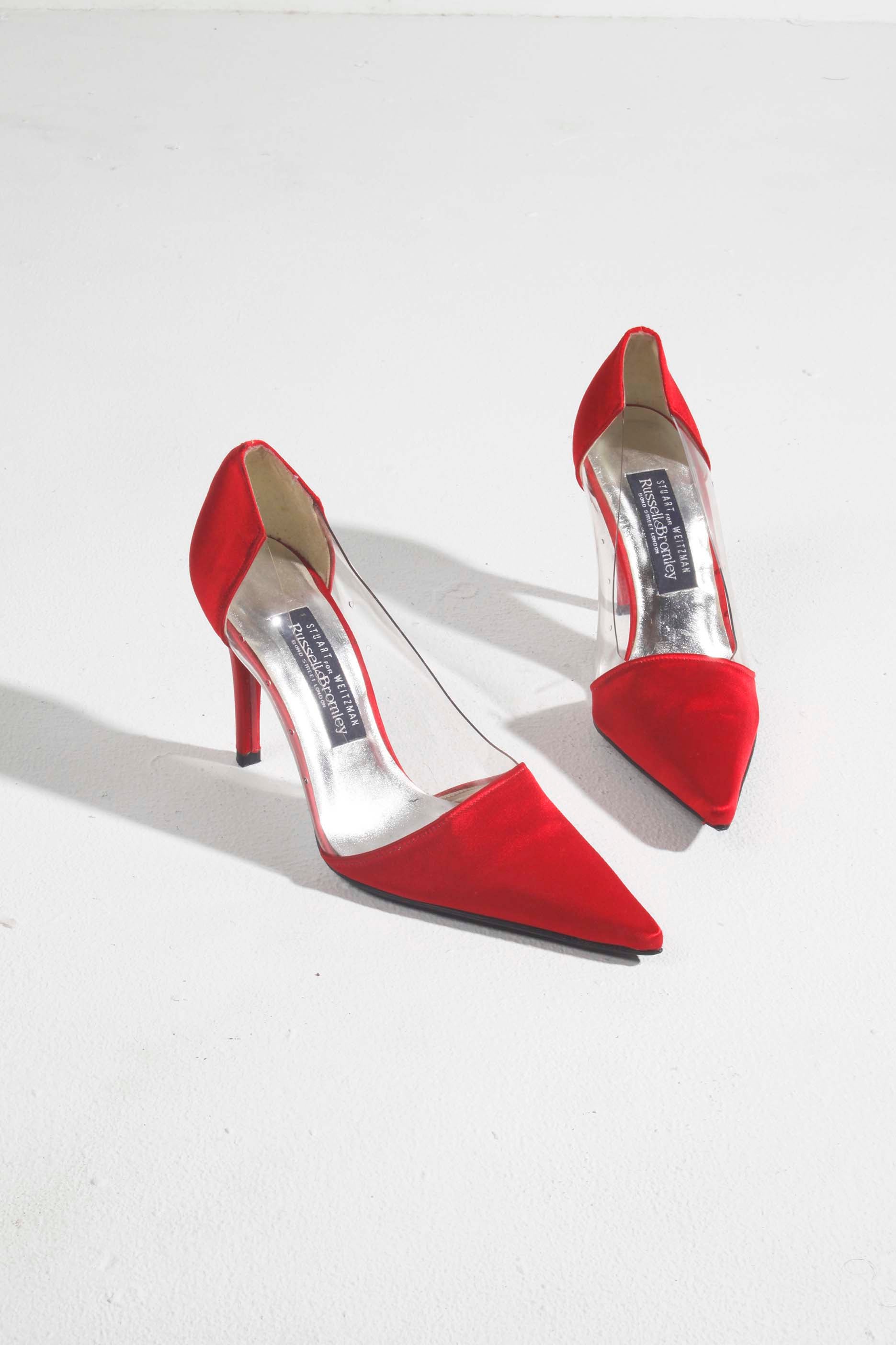 Stuart Weitzman Red Satin and Perspex Point Heels (1990s)