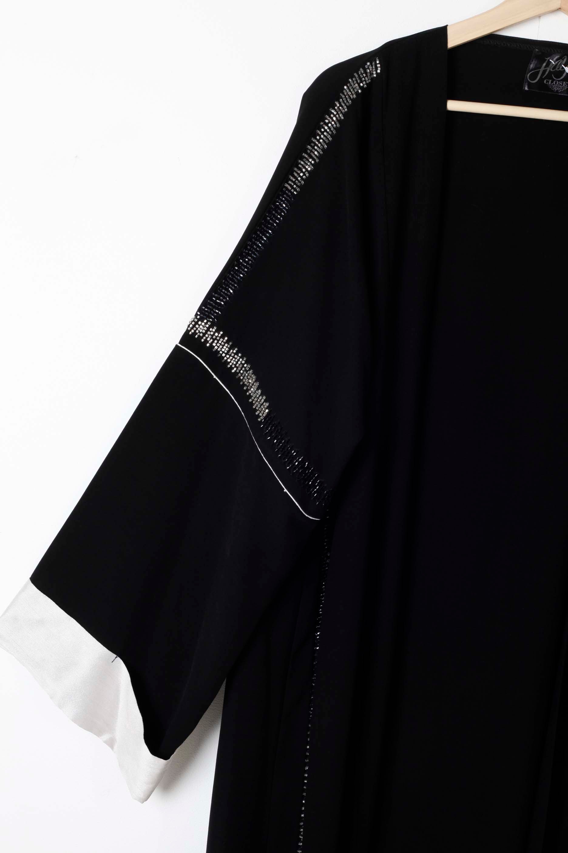 Black Abaya with White Cuffs and Silver Beading